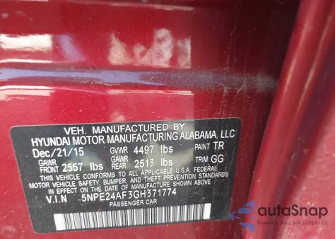 2016 Hyundai Sonata Se из США, поврежденный, VIN 5NPE24AF3GH371774